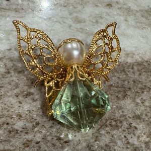 Gold and Green Gemstone Butterfly or Angel Brooch
